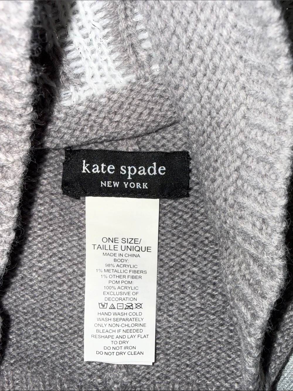 Kate Spade BRRR Gray Metallic Knit Pom Pom Beanie Hat OS